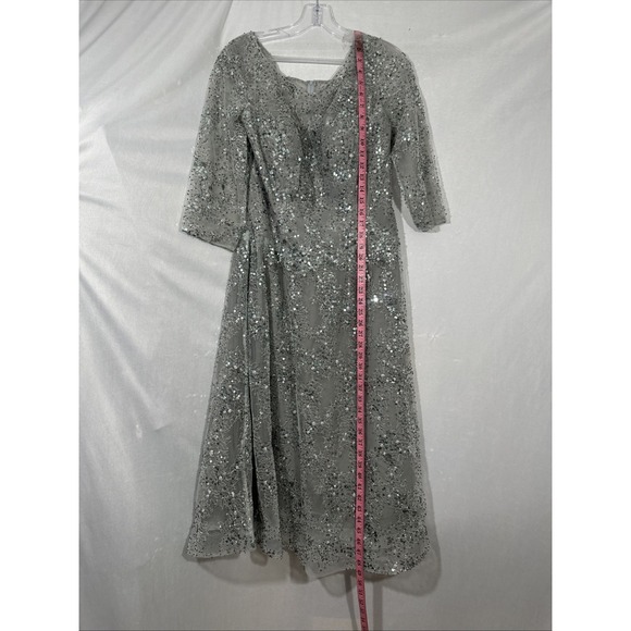 NWT $458 La Femme [ 10 ] 30002 Lace Beaded Short Midi A Line Dress Silver S2106 - Picture 6 of 13